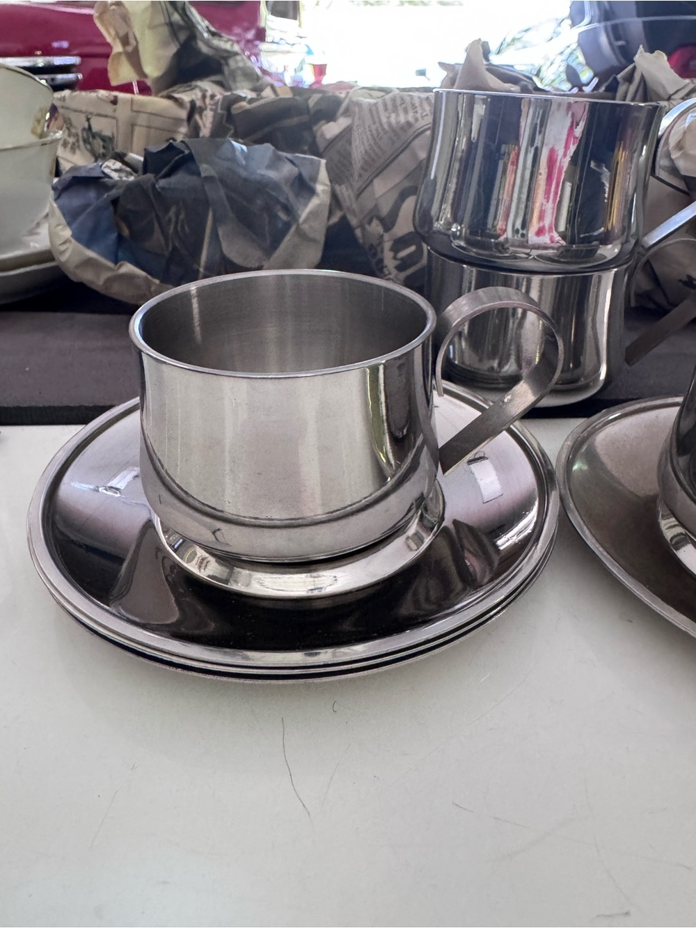 Vintage Polished Stainless Steel Cup and Saucer Set. Perfect espresso cups.